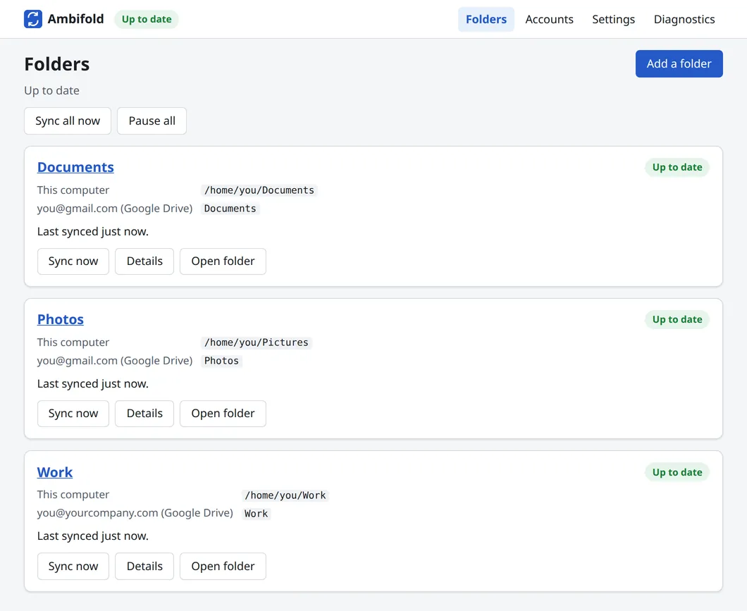 The Ambifold settings page listing folder pairs such as Documents and Photos, each marked Up to date, with buttons to sync now, see details or open the folder.
