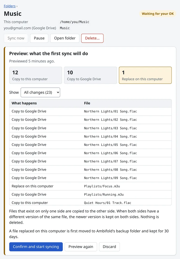 Ambifold's preview of the first sync of a Music folder: 12 files to copy to this computer, 10 to copy to Google Drive and 1 to replace on this computer, followed by the list of files.